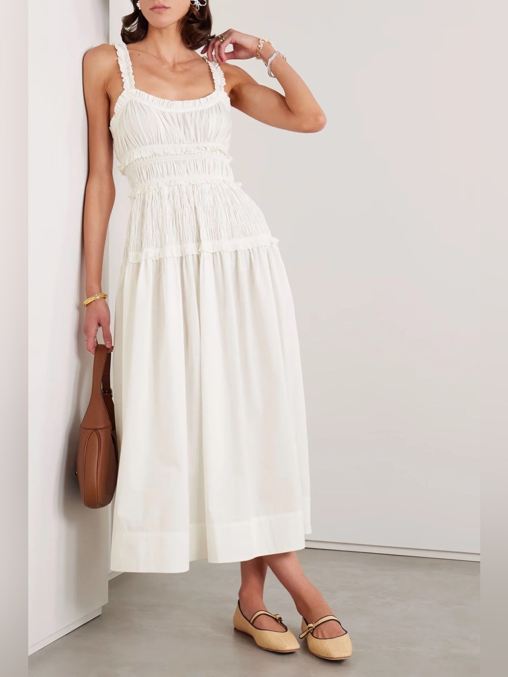 NEW DÔEN Marianne Organic Cotton Poplin Midi Dress In Salt Size L